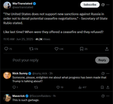 The United States does not support new sanctions against Russia in order not to derail potential ceasefire negotiations 25-06-2025 State Rubio