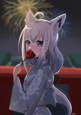 Fubuki at the summer festival fireworks with candied apple and kimono__shirakami_fubuki_hololive_drawn_by_hitanirin__sample-473fc127165f2e7a0f70a2cba349da4d