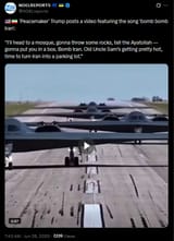 Peacemaker&#039; Trump posts a video featuring the song &#039;bomb bomb Iran&#039; 25-06-2025 &#039;I&#039;ll head to a mosque, gonna throw some rocks, tell the Ayatollah&#039; HD