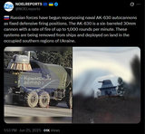 Russian forces have begun repurposing naval AK-630 autocannons as fixed defensive firing positions. The AK-630 is a six-barreled 30mm cannon 25-06-2025