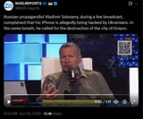 Russian propagandist Vladimir Solovyov, during a live broadcast, complained that his iPhone is allegedly being hacked by Ukrainians. 25-06-2025