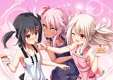 Konachan.com - 246949 apron bikini black_hair blonde_hair blush cake dark_skin food fruit loli long_hair pink_hair short_hair strawberry swimsuit wink yellow_eyes