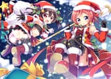 Konachan.com - 193211 blush boots bow breasts christmas cleavage clouds gloves hat panties red_eyes red_hair ribbons short_hair skirt sky snow tamaran twintails underwear