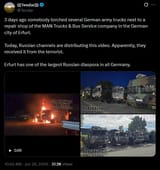 3 days ago somebody torched several German army trucks next to a repair shop of the MAN Trucks &amp; Bus Service company 26-06-2025 Erfurt
