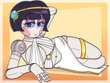 8765 - 1girl artist_piggommi belly_button bold_outline character_chloey colored drop_shadow eye_of_ra eye_...dow hair_ornament hand_on_head joints laying_down looking_at_viewer makeup midriff nandroid panel_line reflection shaded s