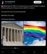 Screenshot 2025-06-27 at 07-53-52 Eric Daugherty on X 🚨 BREAKING VICTORY 6-3 Supreme Court rules IN FAVOR of religious families opting out of lessons about LGBTQ in schools. The Supreme Court is preserving sanity! MASSIVE w[...]