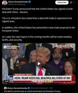President Trump announced that the United States has signed a trade deal with China - Reuters 27-06-2025 a deal with India is expected to be signed HD