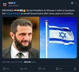 Screenshot 2025-06-28 at 06-19-31 RKM on X BREAKING 🇸🇾🇮🇷🇮🇱🔥 Syrian President Al-Sharaa in talks to handover the #GolanHeight to Israeli Government after many years of Conflicts. https __t.co_XotyPP4TMe _ X