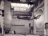 Messerschmitt Bf 109 fighter being put into a wind tunnel at the &#039;Hermann Goering&#039; Aviation Research Institute, at Völkenrode Braunschweig, Germany 1940