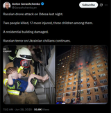 Russian drone attack on Odesa last night. 28-06-2025 Two people killed, 17 more injured, three children among them. A residential building damaged