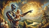 DALL·E 2024-12-01 11.17.52 - A highly detailed widescreen wallpaper in the style of an oil painting, depicting a humanoid robot resembling the Terminator with intricate metallic t