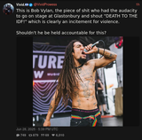 Screenshot 2025-06-28 at 20-43-58 Vivid.🇮🇱 (@VividProwess) This is Bob Vylan the piece of shit who had the audacity to go on stage at Glastonbury and shout DEATH TO THE IDF! which is clearly an incitement for violence. Shouldn&#039;t he be held [...