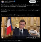 Putin has never faced a free election. He killed opponents, jailed others, and rewrote the constitution to rule indefinitely 28-06-2025 Macron had said it best