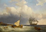 Pieter Cornelis Dommershuijzen (Utrecht, Province of Utrecht, Kingdom of the Netherlands 1833-1918 Hexham, Northumberland, England, U.K.) Shipping at the mouth of a harbour - Oil on canvas 1855
