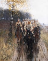 Theodor Rudolf Rocholl (1854-1933) Das Regiment der Gardes du Corps zu Pferd auf einem Feldweg entlang eines Birkenwaldes (The Gardes du Corps regiment on horseback on a field path through a birch forest) - Öl auf Leinwand 1911-min