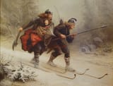Knud Larsen Bergslien (Voss 1827-1908 Christiania) Birkebeinerne - oil on canvas 1869 [loyalists fleeing with future Haakon IV of Norway from the enemy, midwinter 1205-06]