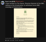 Screenshot 2025-06-29 at 18-29-06 Rupert Lowe MP (@RupertLowe10) I have written to Tim Davie Director-General of the BBC calling on the broadcaster to withdraw future BBC coverage of Glastonbury. XCancel