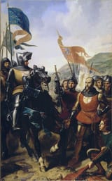 Charles-Philippe Auguste Larivière (Paris, French Republic 1798-1876 ibidem) Bataille de Cocherel, 16 mai 1364 (The Battle of Cocherel on 16 May 1364, French victory over Navarre during the 100 Years War) - Huile sur toile c.1839 (QR)-min