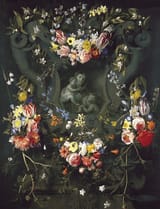 Daniel Seghers, garland (Antwerp 1590-1661 ibid.) &amp; Erasmus Quellinus de Bruyn, medallion (Antwerp 1607-1678 ibid.) Garland of flowers with the Virgin, the Child and infant John - oil on canvas