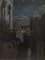 Hans Nikolaj Hansen (København, Kingdom of Denmark 1853-1923 Frederiksberg, Københavns Amt, Kingdom of Denmark) Fra Romanum: The Roman Forum or &#039;&#039;The Late Night of the Hungry Cats&#039;&#039; - Oil on cardboard c.1900-min