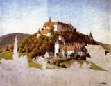 Adolf Hitler (Braunau am Inn, Upper Austria, Austro-Hungarian Monarchy 1889-1945 Berlin, Greater German Reich) Unfinished Landscape with a Castle - watercolor (AI Enhanced)