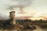 Henry Bright (Saxmundham, Suffolk, England, U.K. 1810-1873 Ipswich, Suffolk, England, U.K.) Landscape with figures before a mill - Oil on canvas
