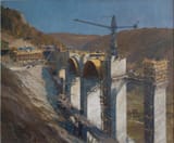 Erich Mercker (Zabern 1891-1973 Munich) Construction of the Drachenloch Bridge near Stuttgart for the most bautiful highway of Germany - oil on canvas 1936-37