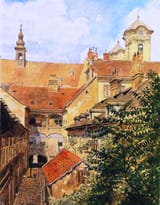 Adolf Hitler (Braunau am Inn, Upper Austria, Austro-Hungarian Monarchy 1889-1945 Berlin, Greater German Reich) Old Vienna Courtyard near St. Ulrich&#039;s Church - Watercolor on paper 1911-1912 (restored, AI enhanced)-min