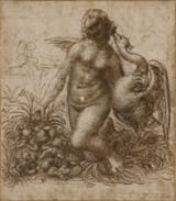 Leonardo da Vinci (Anchiano 1452-1519 Clos Lucé) Kneeling Leda and the swan - chalk, pen and ink on paper c.1505-07 (study, original lost)