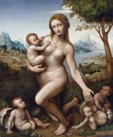 Leonardo da Vinci (Anchiano 1452-1519 Clos Lucé) Kneeling Leda and her children - oil on canvas c.1510 [c.1530 copy attributed to Gian Pietro Rizzi &#039;Giampietrino&#039;]