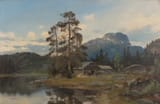 Halvor Halvorsen (Norwegian, 19th-20th Century) Landscape with a cottage by a lake - Oil on canvas