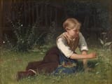 Friedrich Leon Pohle (Leipzig, Kingdom of Saxony, German Confederation 1841-1908 Dresden, Kingdom of Saxony, German Reich) Im Sommer_ Mädchen, Wiesenblumen pflückend (In summer_ girl picking meadow flowers) - Öl auf Holz-min