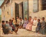 Fabio Fabbi (Bologna, Emilia, Kingdom of Italy 1861-1945 Casalecchio di Reno, Emilia, Kingdom of Italy) La scuola di campagna - Olio su tela