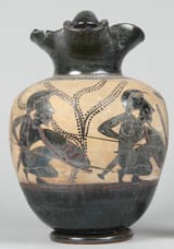 Attributed to the Athena Painter (Attic, active 500-460 BC) Two warriors in ambush, perhaps Odysseus and Diomedes - Black figure oinochoe (view 1)