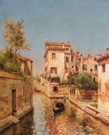 Enrico Meneghelli (1853-1942) Gondoliere nel canale a Venezia - Olio su tela 1926