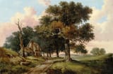 John Berney Ladbrooke (Norfolk, England, U.K. 1803-1879 Norwich, Norfolk, England, U.K.) Figure on a country lane in an East Anglian landscape - Oil on canvas 1876