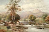 William Henry Mander (Birmingham, Warwickshire, England, U.K. 1850-1922) Low water on the upper Conway, Wales - Oil on Canvas 1913