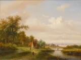 Claas Hendrik Meiners (Amsterdam, Holland, Kingdom of the Netherlands 1819-1894 Arnhem, Gelderland, Kingdom of the Netherlands) A river landscape with a village in the distance - Oil on panel 1854