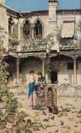 José Gallegos y Arnosa (Jerez de la Frontera, Province of Cádiz, Kingdom of Spain 1857-1917 Anzio, Lazio, Kingdom of Italy) Feeding the pigeons - Oil on panel 1883