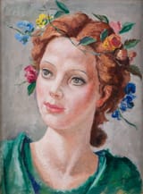 Marià Andreu i Estany (Mataró, Province of Barcelona, Kingdom of Spain 1888-1976 Biarritz, Pyrénées-Atlantiques, French Republic) Joven con tocado de flores - Óleo sobre cartón 1935