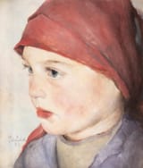 Paul Mathias Padua (Salzburg, Duchy of Salzburg, Austro-Hungarian Monarchy 1903-1981 Rottach-Egern, Oberbayern, Free State of Bavaria, F.R.G.) Porträt eines mädchens mit rotem kopftuch (Portrait of a girl with a red headscarf) - Öl auf karton 1934