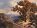 Johann Jakob Frey (Basel, Canton of Basel, Swiss Confederation, French Empire 1813-1865 Frascati, Comarca of Roma, State of the Church) View of Lake Nemi and Monte Circeo from Monte Cavo - Oil on canvas 1849-min