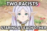 anime girl elf two racists looking at each other as she looks at timothy mcviegh