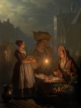 Petrus Van Schendel (Terheijden, Dommel, Batavian Republic, French Empire 1806-1870 Brussels, Kingdom of Belgium) Vegetable and fish night market in The Hague - Oil on canvas 1851