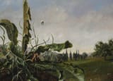 Wolfram Diehl (20th Century) Löwenzahn in Landschaft Pfauenauge (Dandelion in Landscape with a peacock butterfly) - Öl und Ei-Tempera auf Malpappe 1987