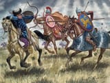 Giuseppe Rava (Faenza, Emilia-Romagna, Republic of Italy 1963-) Roman Sagittarii Iuniores Orientales horse archer and Iberian Hiberi heavy cavalry hunting down Huns, 5th century AD - Gouache 2015