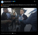 German Foreign Minister Johann Wadephul has arrived in Kyiv for his first official visit. 30-06-2025