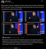 Meanwhile in Russia, Vladimir Solovyov expressed his deep satisfaction with &#039;Comrade Trump&#039; and Margarita Simonyan beat her own record 30-06-2025