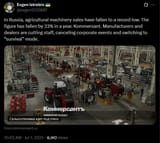 In Russia, agricultural machinery sales have fallen to a record low. The figure has fallen by 33% in a year. Kommersant. Manufacturers and dealers are cutting staff 01-07-2025