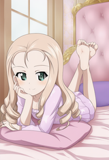 1girl, official art, girls und panzer, indoors, bedroom, bed, pillow, foot focus s-392698682